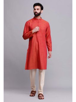 Tjori - Crimson Red Cotton Kurta And Pyjama (Set of 2)