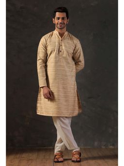 Tjori - Cream Beige Silk Kurta With Cotton Pyjama (Set of 2)