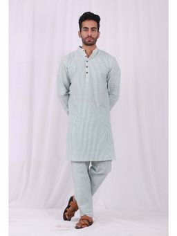 Tjori - Green Striped Cotton Kurta And Pyjama (Set of 2)