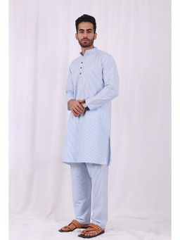 Tjori - Blue Striped Cotton Kurta And Pyjama (Set of 2)
