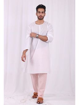 Tjori - White Cotton Kurta With Pink Striped Pyjama (Set of 2)