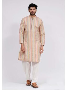 Tjori - Multi-Color Stripe Kurta And White Plain Pyjama (Set of 2)