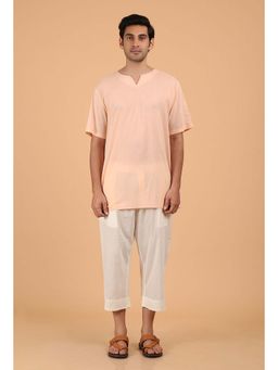 Tjori - Peach Cotton Mulmul Short Kurta And White Three Quarter Pant (Set of 2)