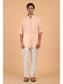 Tjori - Peach Cotton Mulmul Button Down Short Kurta And White Pant (Set of 2)