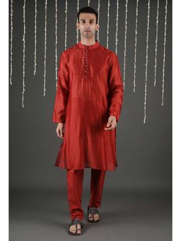Tjori - Udarsh Apple Red Chanderi Kurta And Straight Pants (Set of 2)