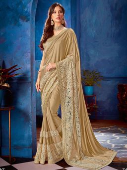 Odette - Beige Lycra Designer Saree with Unstitched Blouse