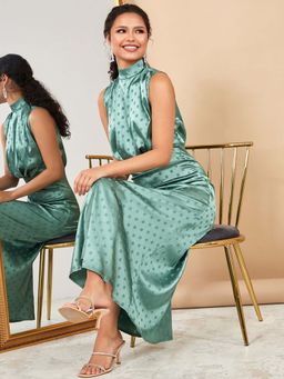 Styli - Green Sleeveless High Neck Spot Print A-line Maxi Dress