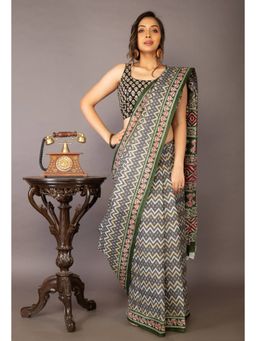 Unnati Silks - Grey Green Pure Krisha Block Printed Cotton Saree with Unstitched Blouse