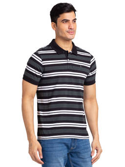 Parx - Regular Fit Stripes Grey Polo T-shirt