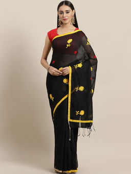 LAA CALCUTTA - Black and Yellow Handloom Saree with Unstitched Blouse
