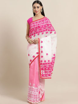 LAA CALCUTTA - White and Pink Handloom Saree with Unstitched Blouse