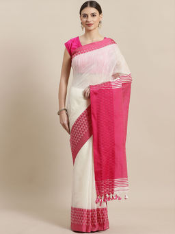 LAA CALCUTTA - White and Pink Handloom Saree with Unstitched Blouse