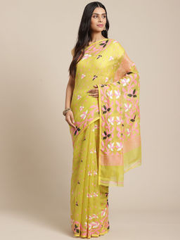 LAA CALCUTTA - Yellow and Pink Cotton Jamdani Saree