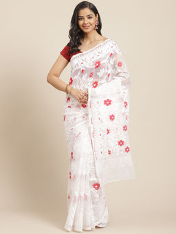 LAA CALCUTTA - White and Red Cotton Jamdani Saree