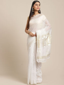 LAA CALCUTTA - White and Golden Cotton Jamdani Saree