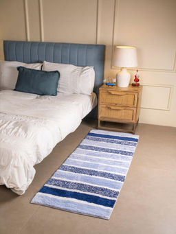 RALIA HOMES - The Lineage Striped Plush Bath Mat Anti Skid Navy Blue