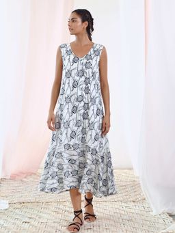 MoonTara - White Printed A-Line Sleeveless Cotton Floral Dress