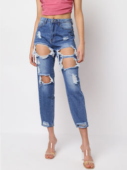 Missguided - Blue High Rise Extreme Ripped Rigid Mom Jeans