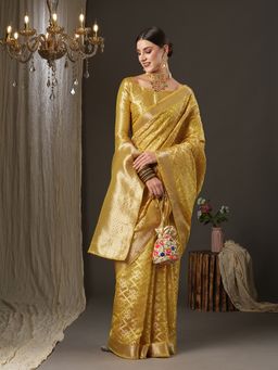 Akhilam - Womens Organza Yellow Woven Design Designer Saree with Unstitched Blouse