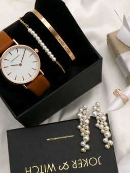 Joker and Witch - Joker & Witch White Valentine's Love Stack Watch, Earring , Necklace With Bracelets (Set of 5)