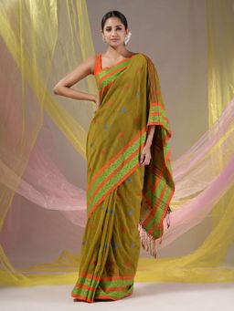 CHARUKRITI - Olive Cotton Handloom Soft Nakshi Border Saree with Unstitched Blouse