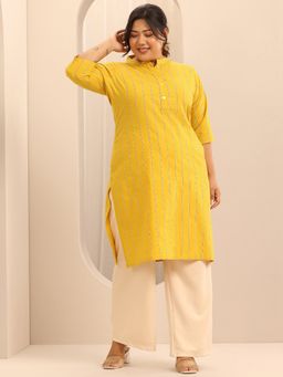 Extra love by Libas - Plus Size Women Plus Size Mustard Striped Woven Design Straight Kurta