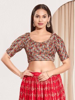 VAMAS - THE DESIGNER BLOUSES - Women Round Neck Padded Saree Stitched Blouse Grey