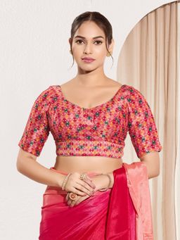 VAMAS - THE DESIGNER BLOUSES - Women Round Neck Padded Saree Stitched Blouse Pink