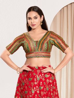 VAMAS - THE DESIGNER BLOUSES - Women V-Neck Padded Saree Stitched Blouse Green