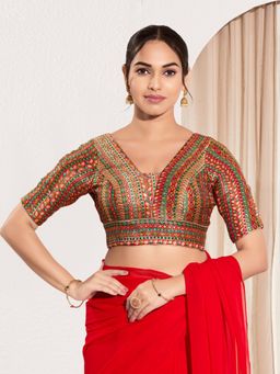 VAMAS - THE DESIGNER BLOUSES - Women V-Neck Padded Saree Stitched Blouse Red