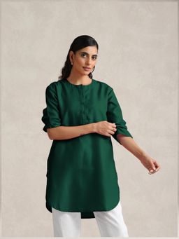 trueBrowns - Dark Green Cotton Blend Short Kurta