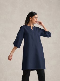 trueBrowns - Blue Cotton Blend Short Kurta