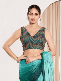 VAMAS - THE DESIGNER BLOUSES - Women V-Neck Padded Saree Stitched Blouse Blue