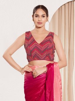 VAMAS - THE DESIGNER BLOUSES - Women V-Neck Padded Saree Stitched Blouse Magenta