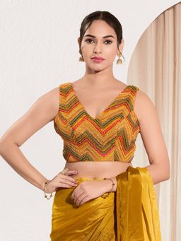 VAMAS - THE DESIGNER BLOUSES - Women V-Neck Padded Saree Stitched Blouse Mustard