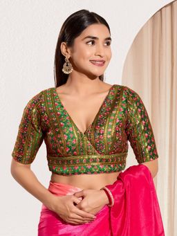 VAMAS - THE DESIGNER BLOUSES - Women V-Neck Padded Saree Stitched Blouse Green