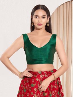 VAMAS - THE DESIGNER BLOUSES - Women V-Neck Padded Saree Stitched Blouse Green