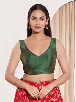 VAMAS - THE DESIGNER BLOUSES - Women V-Neck Padded Saree Stitched Blouse Green