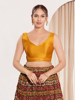 VAMAS - THE DESIGNER BLOUSES - Women V-Neck Padded Saree Stitched Blouse Mustard