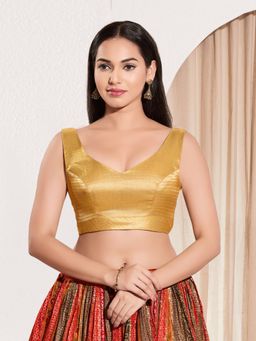 VAMAS - THE DESIGNER BLOUSES - Women V-Neck Padded Saree Stitched Blouse Gold