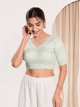 VAMAS - THE DESIGNER BLOUSES - Women V-Neck Padded Saree Stitched Blouse Green