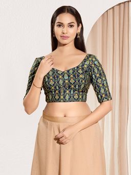 VAMAS - THE DESIGNER BLOUSES - Women Sweatheart Neck Padded Saree Stitched Blouse Navy Blue