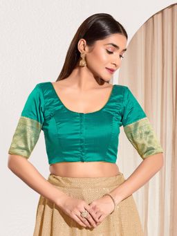 VAMAS - THE DESIGNER BLOUSES - Women Round Neck Padded Saree Stitched Blouse Green