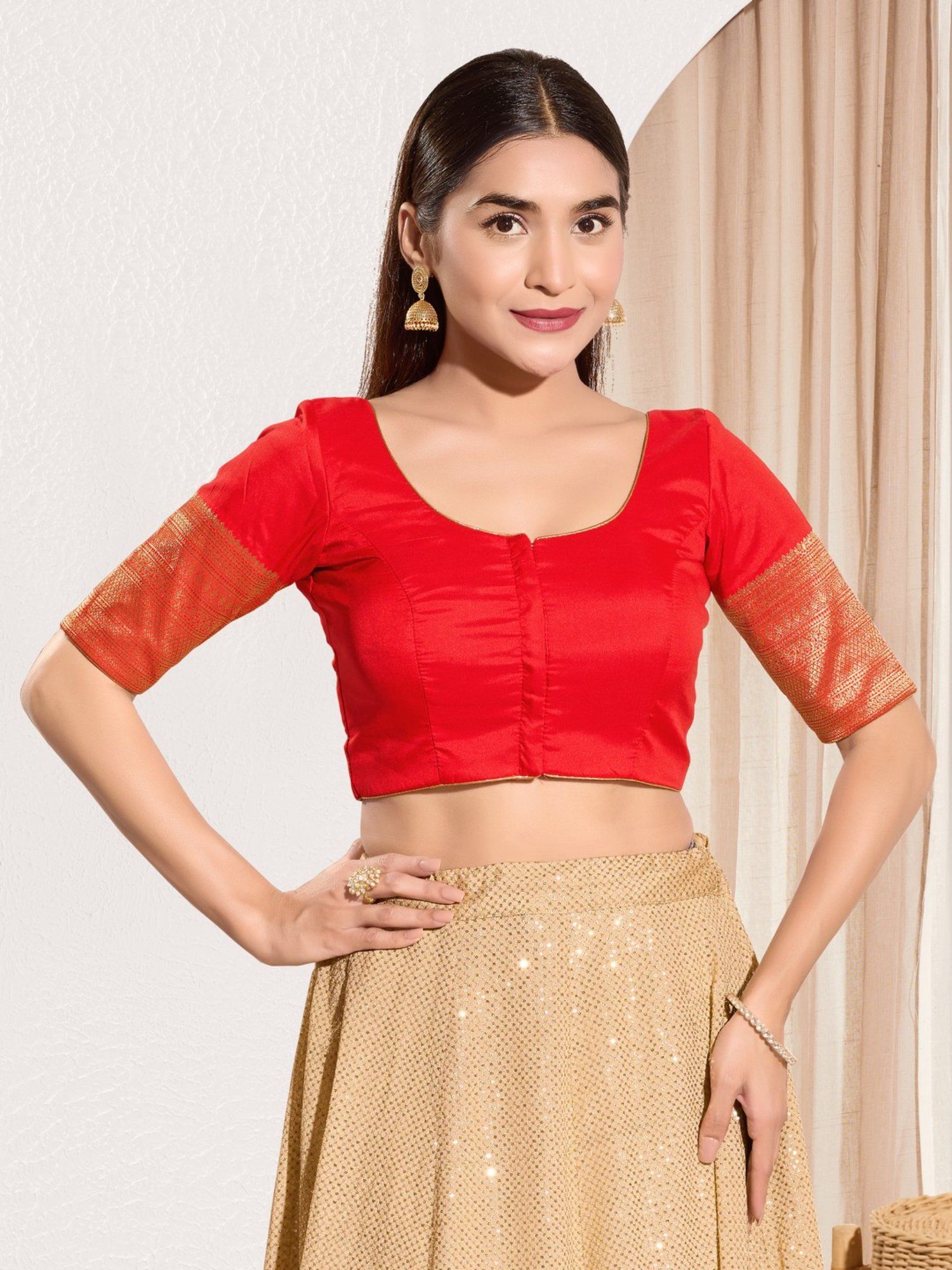 Women Round Neck Padded Saree Stitched Blouse Red-picture-41