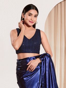 VAMAS - THE DESIGNER BLOUSES - Women V-Neck Padded Saree Stitched Blouse Navy Blue