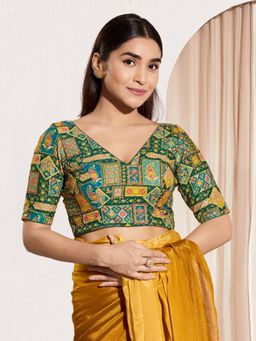 VAMAS - THE DESIGNER BLOUSES - Women V-Neck Padded Saree Stitched Blouse Green