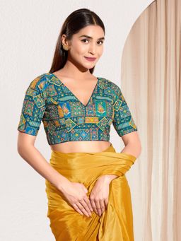 VAMAS - THE DESIGNER BLOUSES - Women V-Neck Padded Saree Stitched Blouse Blue