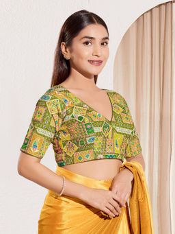 VAMAS - THE DESIGNER BLOUSES - Women V-Neck Padded Saree Stitched Blouse Green