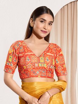 VAMAS - THE DESIGNER BLOUSES - Women V-Neck Padded Saree Stitched Blouse Orange