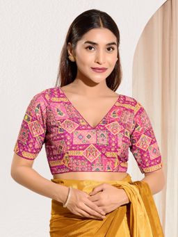 VAMAS - THE DESIGNER BLOUSES - Women V-Neck Padded Saree Stitched Blouse Pink